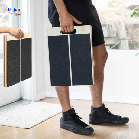 Portable stretch board with easy-grip handle for transport and convenient home storage.