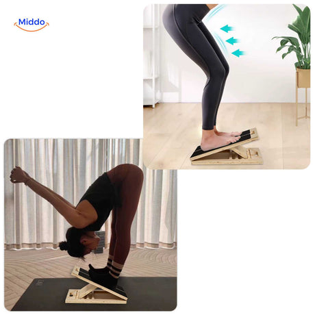 Stretch board designed for yoga, fitness routines and deep forward bending exercises.