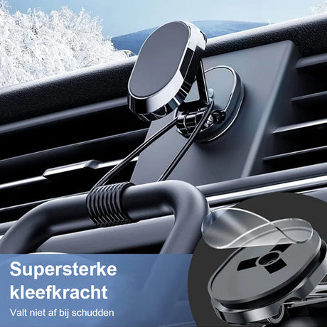 Magnetic car mount with powerful adhesive grip firmly attached to a smooth car surface.