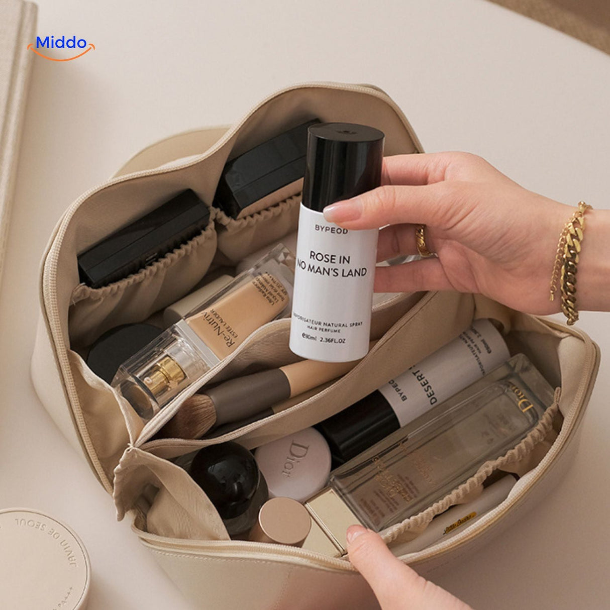 Stylish beige makeup travel bag for daily essentials