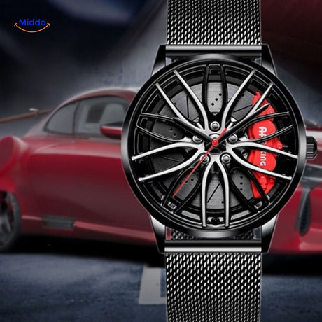 Stylish men's automatic watch with red accent and sophisticated leather band.