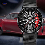 Stylish men's automatic watch with red accent and sophisticated leather band.
