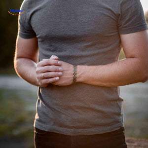 Stylish wooden bracelet for men combining natural wood with metal accents.