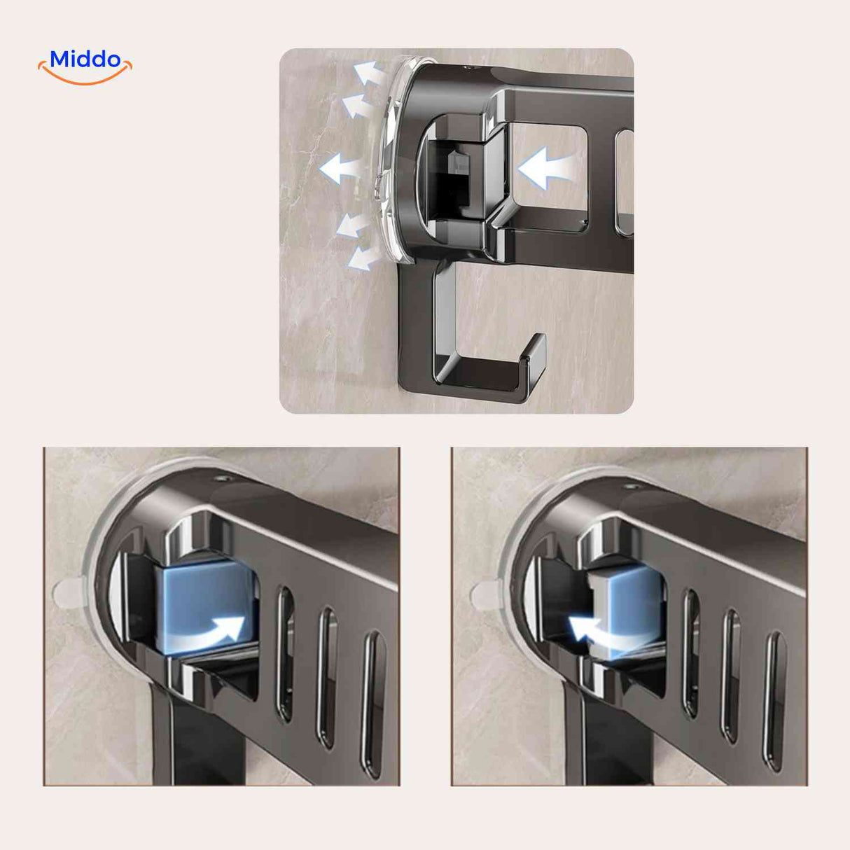 Suction cup installation showing locking mechanism for wall shelf.