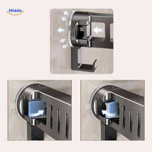 Suction cup installation showing locking mechanism for wall shelf.