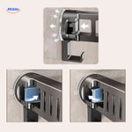 Suction cup installation showing locking mechanism for wall shelf.