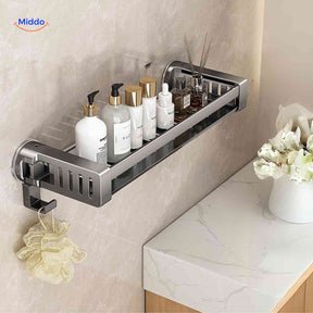 Stainless steel bathroom suction cup shelf with bottle holder and wall hooks.