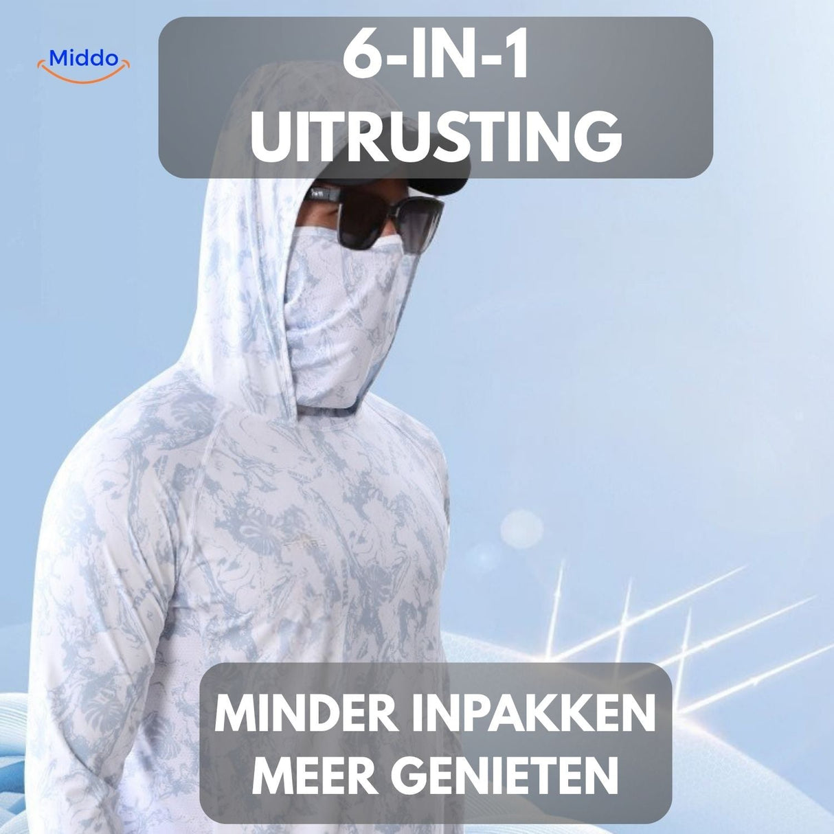 6-in-1 UPF50+ sun protection shirt features overview showing gear packing and outdoor use