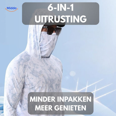 6-in-1 UPF50+ sun protection shirt features overview showing gear packing and outdoor use