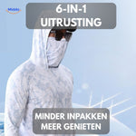6-in-1 UPF50+ sun protection shirt features overview showing gear packing and outdoor use