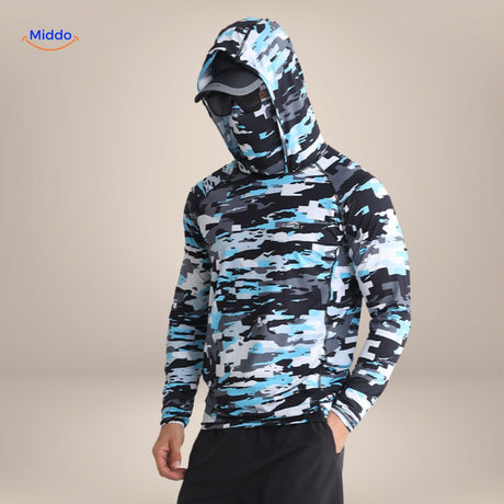 UPF50+ sun protection shirt in blue-grey camouflage, clean product flat view