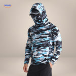 UPF50+ sun protection shirt in blue-grey camouflage, clean product flat view