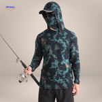 UPF50+ sun protection shirt in black and green camouflage for hunting and fishing