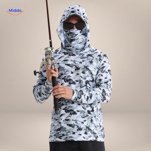 Blue honeycomb camouflage UPF50+ shirt variant shown with fishing rod outdoors