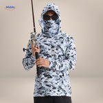 Blue honeycomb camouflage UPF50+ shirt variant shown with fishing rod outdoors