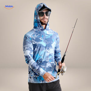 Blue and white ocean fishing sun protection shirt, ideal for sea and saltwater angling