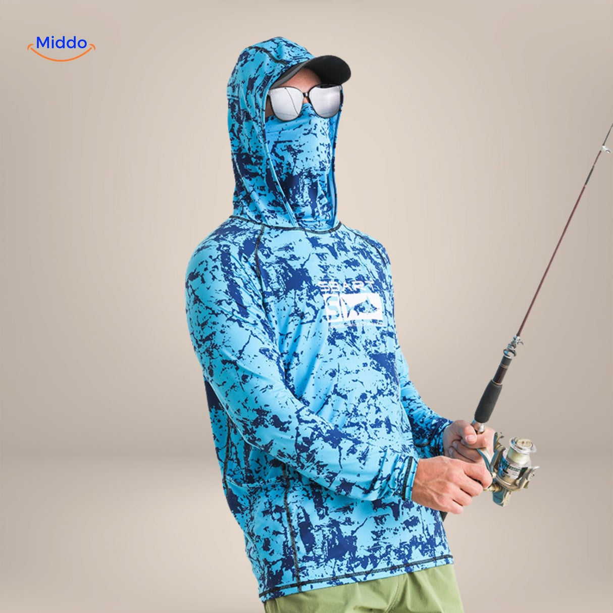 Sun protection shirt in bright blue and dark blue two-tone pattern design