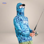 Sun protection shirt in bright blue and dark blue two-tone pattern design