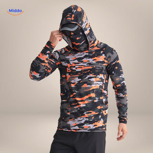 Sun protection shirt in orange and black camouflage pattern, hunting and outdoor variant