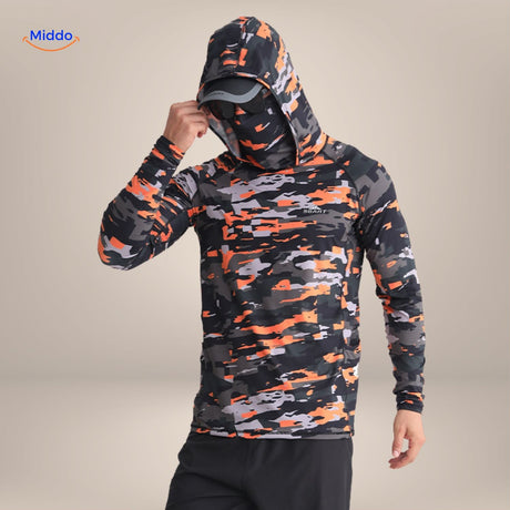 Sun protection shirt in orange and black camouflage pattern, hunting and outdoor variant