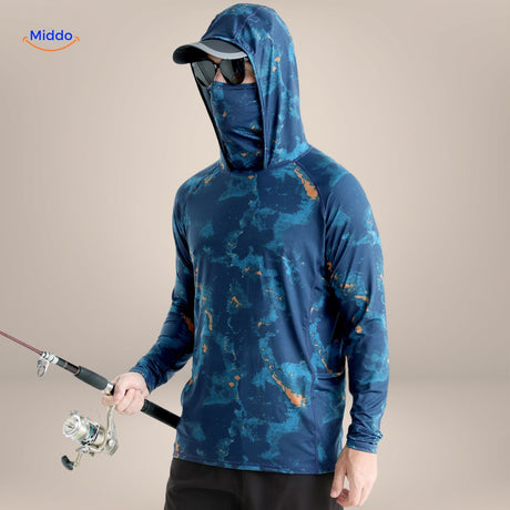 Dark navy blue UPF50+ fishing shirt, clean product view for anglers