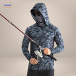 Dark blue sun protection shirt with leaf pattern print and coordinating face mask