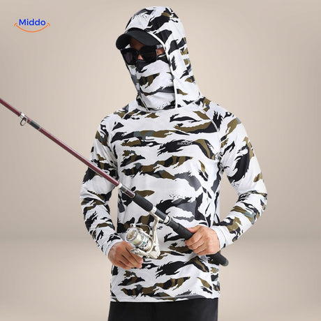 Desert camouflage sun protection shirt worn with matching face mask and cap
