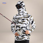 Desert camouflage sun protection shirt worn with matching face mask and cap