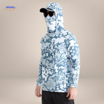 Sun protection shirt in digital blue-grey camouflage print paired with matching face mask