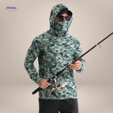 Green honeycomb camouflage sun protection shirt shown with fishing rod