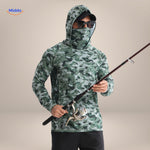 Green honeycomb camouflage sun protection shirt shown with fishing rod