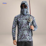 Grey-blue camouflage UPF50+ shirt worn by angler holding a fishing rod
