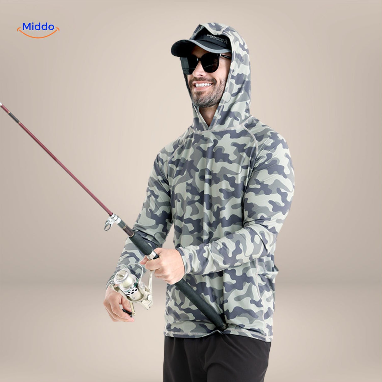 Grey camouflage UPF50+ sun protection shirt for fishing and outdoor sport