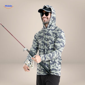 Grey camouflage UPF50+ sun protection shirt for fishing and outdoor sport