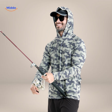Grey camouflage UPF50+ sun protection shirt for fishing and outdoor sport