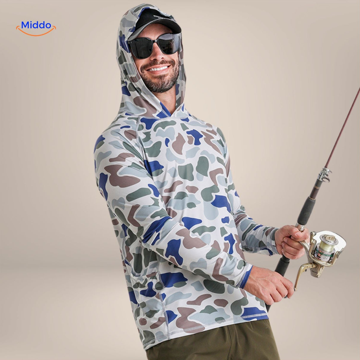 Sun protection shirt in light grey, blue, and brown earth-tone color variant