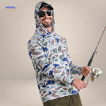 Sun protection shirt in light grey, blue, and brown earth-tone color variant