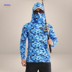 Vivid blue camouflage sun protection shirt variant shown alongside a fishing rod
