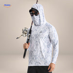 White UPF50+ sun protection shirt worn fully masked with face gaiter and fishing rod