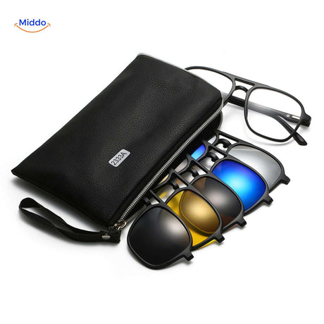Full sunglasses kit with carrying case and all five magnetic clip-on lenses for multi-purpose use.