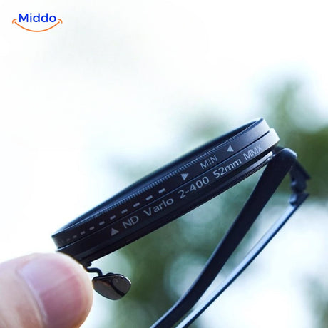 Close-up view of ND9 sunglasses lens showing UV filter technology.
