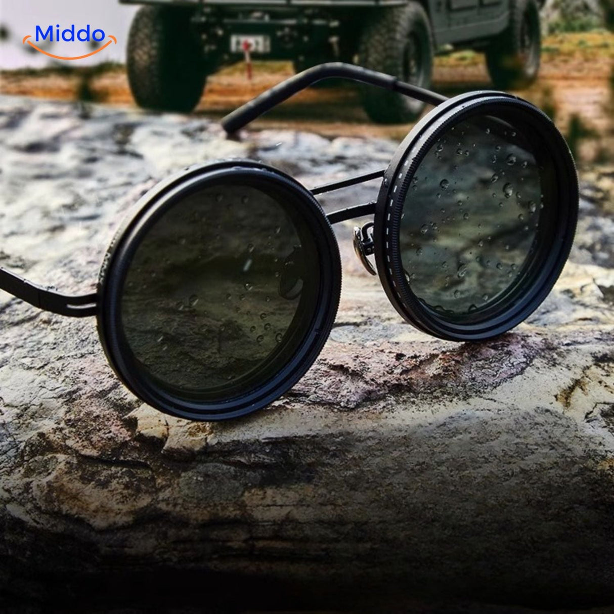 Sunglasses in outdoor lifestyle setting showing durable UV protection.