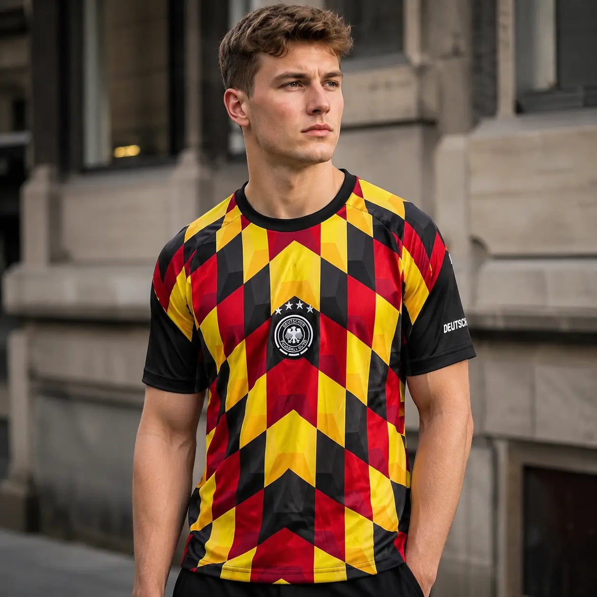 World Cup supporter shirt in Germany colors: red, yellow, and black national flag design.