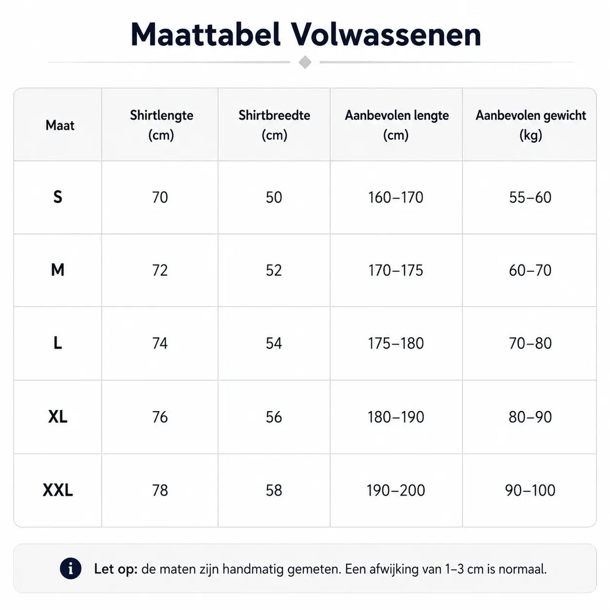 World Cup supporter shirt size chart showing measurements for adult sizing.