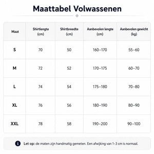 World Cup supporter shirt size chart showing measurements for adult sizing.