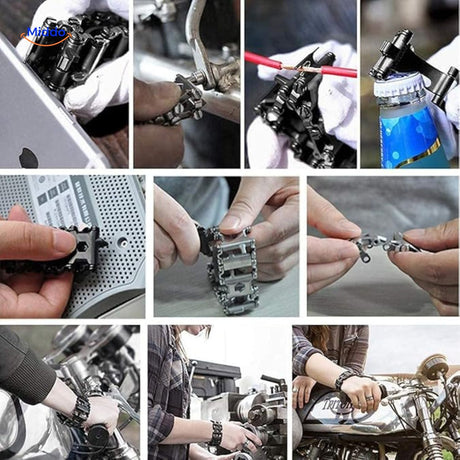 SurvivePro multi-tool bracelet set in both black and chrome stainless steel colors.