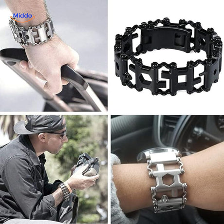 Hand actively using SurvivePro multi-tool bracelet with integrated tools deployed.