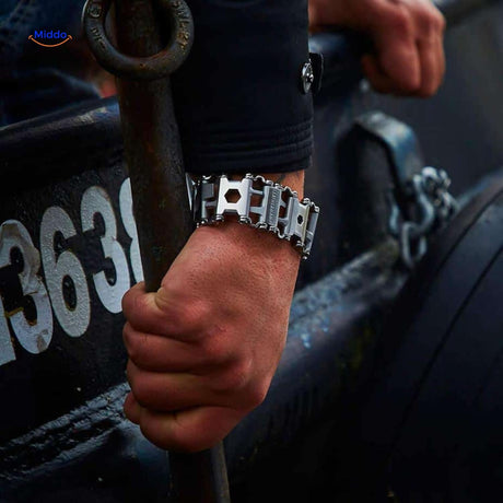 Multi-tool bracelet worn on wrist with 29 integrated tools for everyday use.