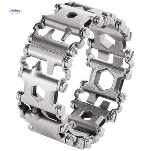 SurvivePro multi-tool bracelet in stainless steel silver on white background.