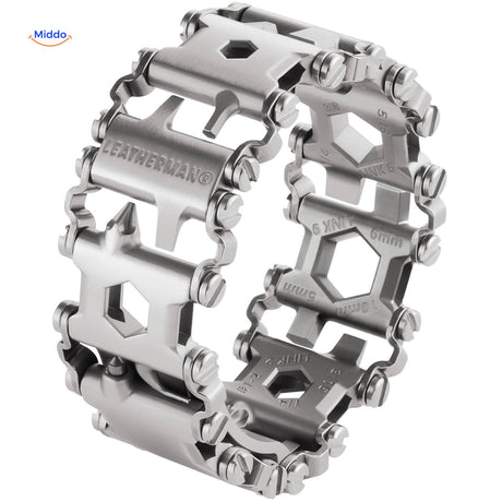 SurvivePro multi-tool bracelet in stainless steel silver on white background.